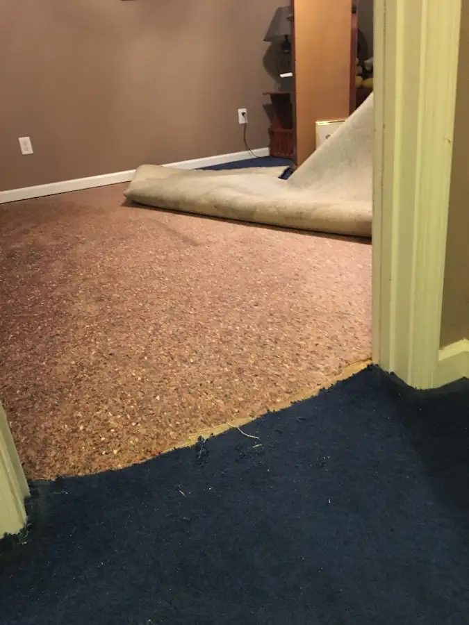 Carpet pad removal revealing water damage during Drying & Dehumidification in Trussville